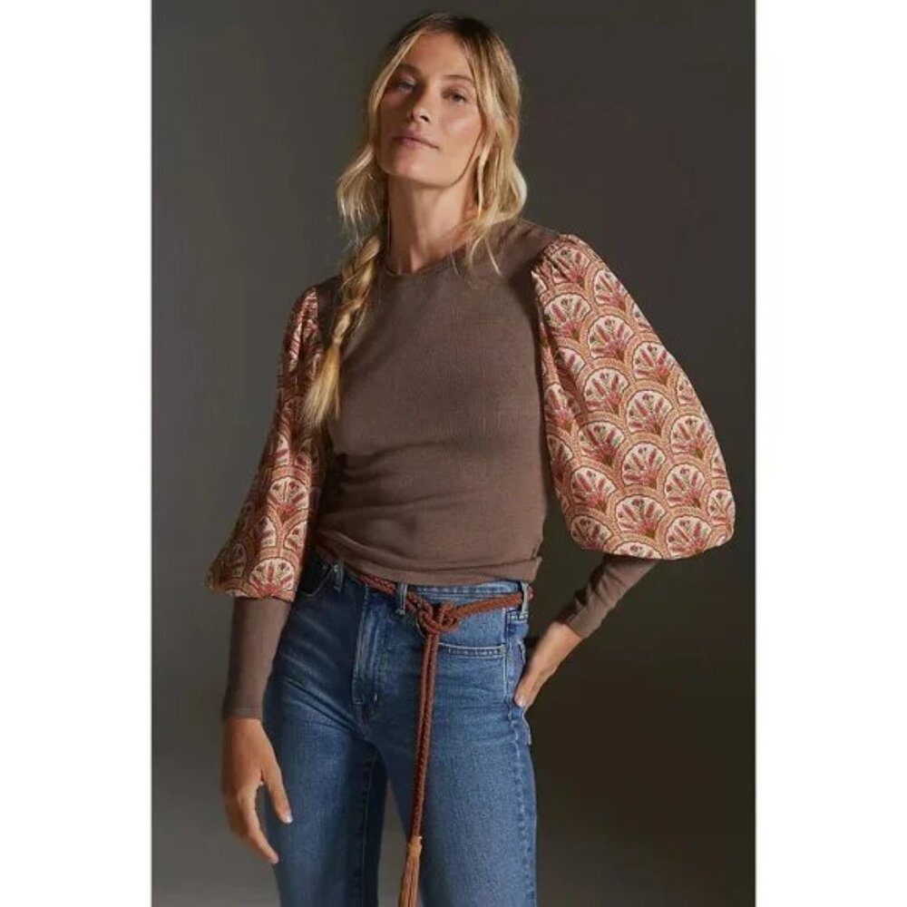 Anthropologie Blank London‎ Brown Knit Floral Pink Balloon Sleeve Top